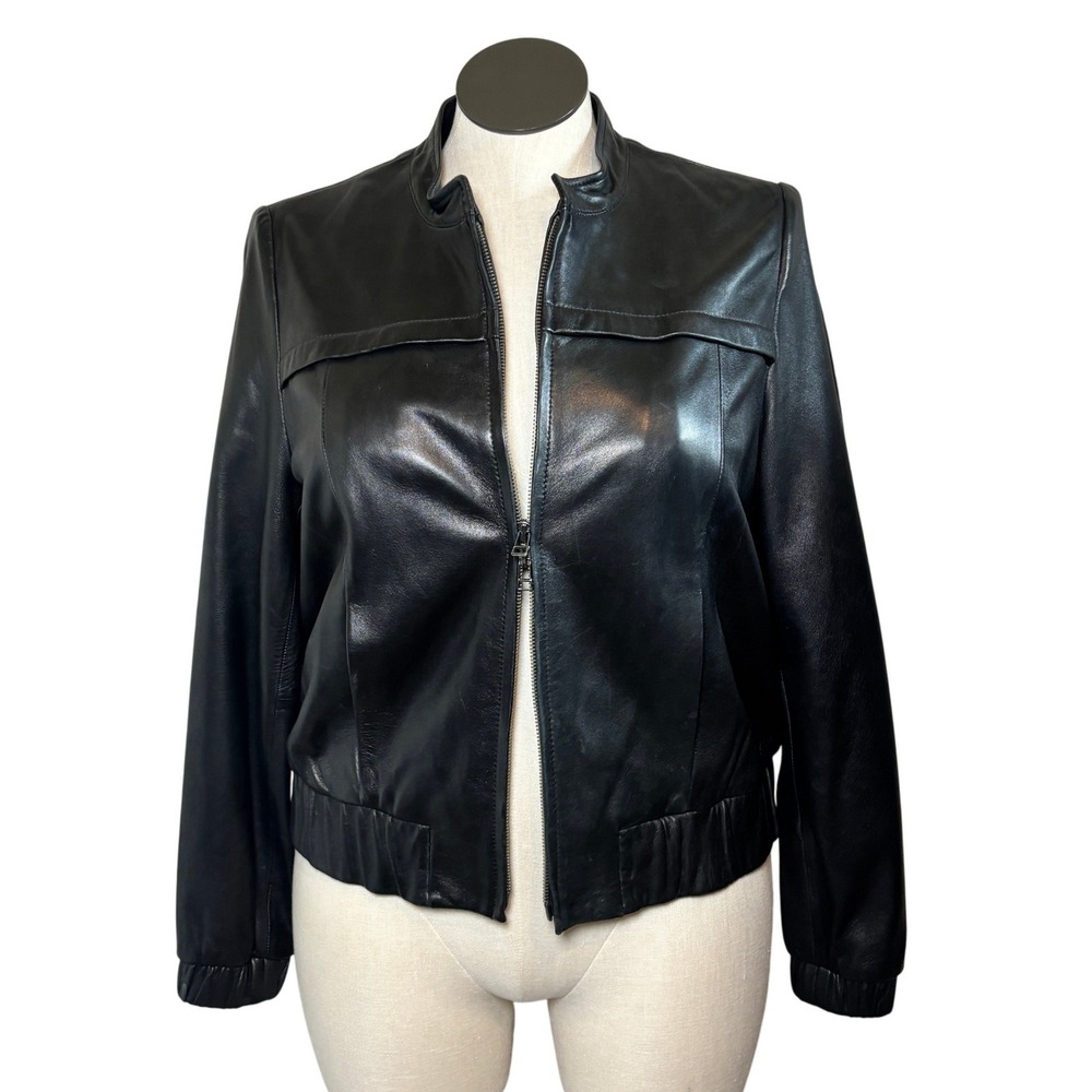 a.n.a Women Leather Bomber Jacket Moto Mock Neck XL Blk Edgy Y2K Grunge Dbl Zip